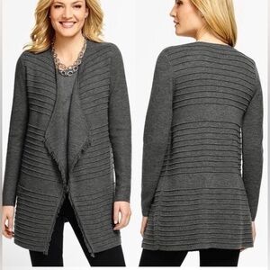 Talbots Women’s Merino Wool Cardigan Gray Long Sleeve Fringe Waffle Knit Size M‎